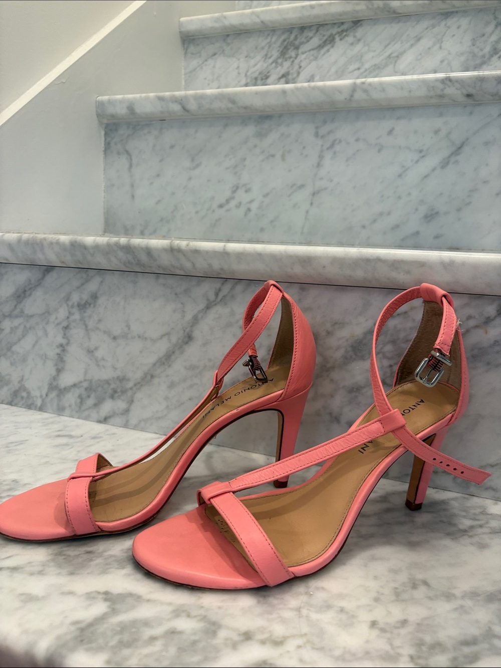 ANTONIO MELANI Coral Pink Ankle-Strap Stiletto Sandals